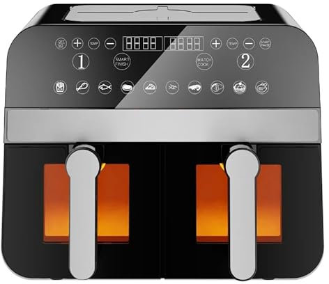 Comfy Nest, CNAFD45WB, Friggitrice ad aria calda, friggitrice ad aria, doppio cestello digitale 2400W con finestra 9L, cottura sana e veloce, design moderno, ideale per ogni cucina - Grigio e Nero