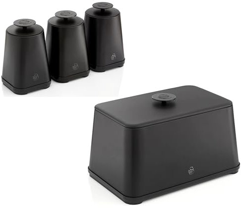 Swan Stealth Black Bread Bin and Tea, Coffee, Sugar Canisters. Sleek, Contemporary Matching Kitchen Storage Set in a Matte Black Finish