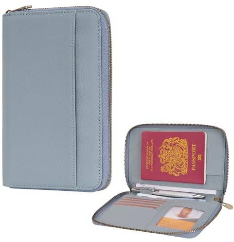 WASON Leder Reisepass Brieftasche mit Reißverschluss RFID Blocker Schutzhülle, Passport Etui mit Fächern für Karten, Bargeld, Ausweis, Bordkarte und Tickets für Reisen (Blau)