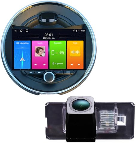 9''AHD GPS Navigator Canbus Autoradio CarPlay Android+Cámara de marcha atrás compatible con BMW Mini Cooper R50 R52 R53 R56 R57 R58 R59 F55 F56 F57/R55/Countryman R60/Paceman R61 (Radio A+7022 Cámara