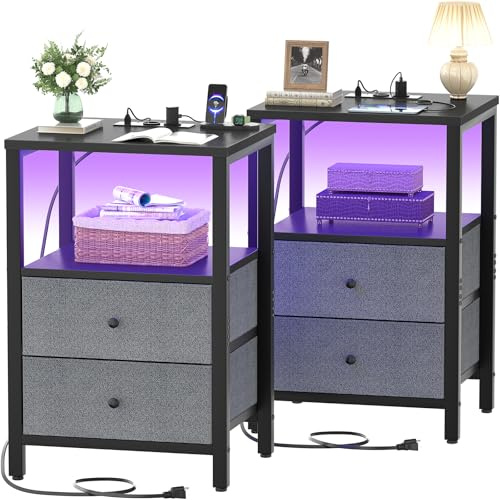 iSunirm Nachttisch 2er Set Schwarz mit Ladestation LED, Beistelltisch Set mit Steckdosen & 2 USB, 1,5m Kabel, Stoffschubladen, Nachtschrank Schlafzimmer, 40x30x65cm