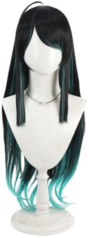 TTYAO REII Anime Perücke Cosplay Farbverlauf Schwarz Türkis Synthetische Langes Lockiges Haar mit Pony Kostüm Perücke Halloween Rollenspiel
