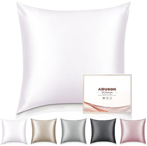 Adubor 100% Seidenkissenbezug 80x80cm für Haar und Haut mit Reißverschluss | 22 Momme Seide, Fadenzahl 900, mit verstecktem Reißverschluss, beide Seiten, reines Weiß, 1 Stück