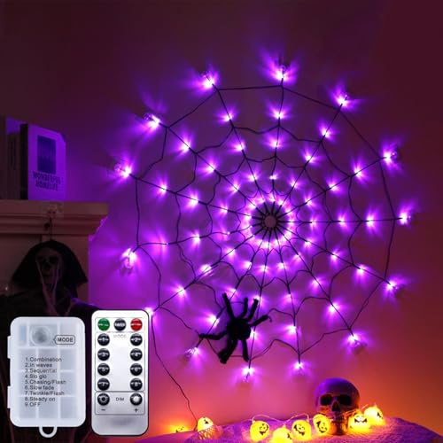 Koboko Halloween Spinnennetz Lichter, 70 LED Spinnennetz Deko Licht mit 8 Modi und Fernbedienung, Spinnweben Lichterkette mit Schwarze Spinne, Helloween Deko Lichter für Haushof Garten Outdoor Indoor
