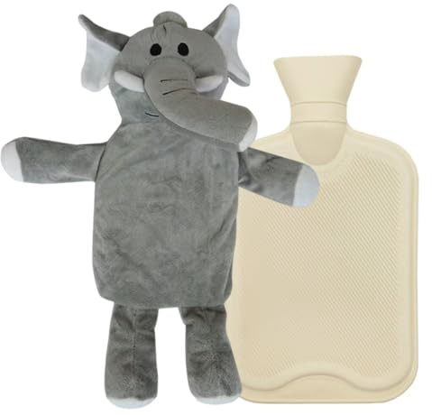 Wärmflasche mit bezug,1L Premium Wärmflasche, Süße wärmflasche tier, Bettflasche für Kinder, Erwachsene Wärmflasche Tier,Wärmflasche mit bezug plüsch (Elefant)