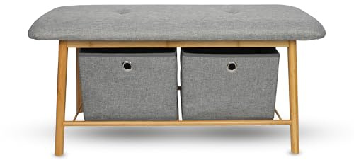 Bestlivings Bambus Schuhbank 90x34x45cm mit 2 Schubladen - Schuhregal für 6 bis 8 Schuhe - Sitzbank mit 2 Körben für Garderobe oder Flur