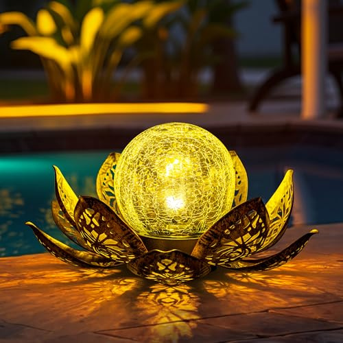 GIGALUMI Luces Solares para Decoración de Jardín al Aire Aibre, Pétalos de Metal Ajustables, Luces de Flor de Loto, Decoración de Mesa al Aire Libre, IP44 impermeable(Dorado)