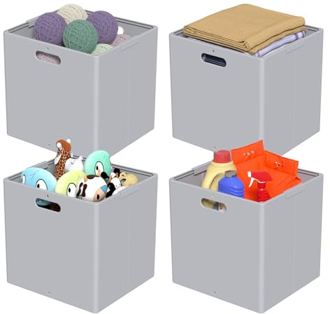 Xeabia Plastic Cube Storage Boxes Foldable Organizer Cube Bin Grey 4 Packs | Collapsible Square Cubes Basket with Handles, 4 Packs, 27.3cm x 27.3cm x 28.2cm