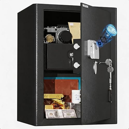 WASJOYE 57L Fingerabdruck Tresor Feuerfester mit Schublade (50 * 37 * 31cm) | Biometrischer Möbeltresore, SafeTresor mit 2 Schlüssel, für Zuhause Büro Hotel Geld Dokument Schmuck Reisepass