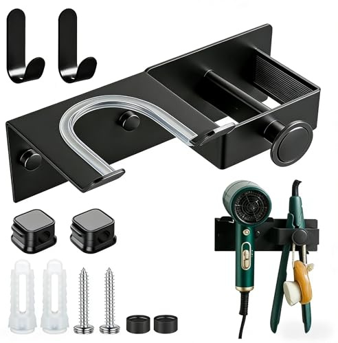 Fönhalter, Metallener Föhn Halterung, Aufbewahrung für Föhn und Glätteisen, | 2-in-1 Fönhalter Ohne Bohren mit Haken und Kabelorganisator, mit 2 Montagearten: mit oder ohne Bohren