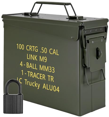Trucky Munitionsbox mit Schloss 28x10x23 cm Ammo Box Metallkiste Metallbox Munitionskiste Aufbewahrungsbox mit Deckel Army Metall Grün