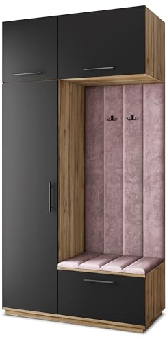 Masseno Flugarderoben Set Rema, Kleiderschrank-Set mit Sitzbank, Garderobenschrank Flur mit 5 Regalböden, Eiche Wotan/Schwarz