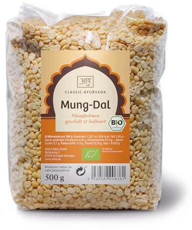 Classic Ayurveda - Bio Mung-Dal, Mungbohnen (geschält und halbiert) - 500 g - Ein indischer Klassiker, reich an pflanzlichem Eiweiß und leicht verdaulich