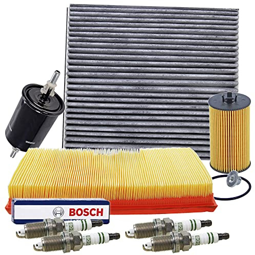 BESTPRICE Inspektionspaket Filterset 1x Ölfilter, 1x Luftfilter, 1x Innenraumfilter (Pollenfilter), 1x Kraftstofffilter, 4x Zündkerze Super FQR8LEU2, Kompatibel mit OPEL MERIVA A (X03)