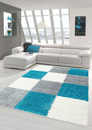 Shaggy Hochflor Langflor Teppich Wohnzimmer Gemustert in Karo Design Türkis Grau Creme - Größe 200 x 290 cm