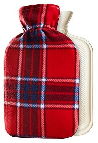 Hot Water Bottle 2 Litre with Fleece Cover, Red Check