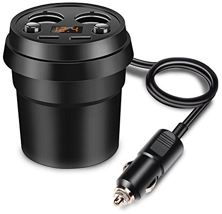 MoLiSmart 2 Prise Allume-Cigare Adaptateur avec Double USB Chargeur de Voiture et LED Affichage de Batterie Tension Support de Tasse Verre pour iPhone XS Max iPad 11 et Plus