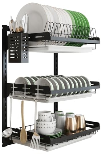 junyuan Hanging Dish Drying Rack Wall Mount Dish Drainer,3 Tier Kitchen Plate Bowl Spice Organizer Storage Shelf Holder with Drain Tray With 3 hooks,Stainless steel black coating (3 tier, 21.8)