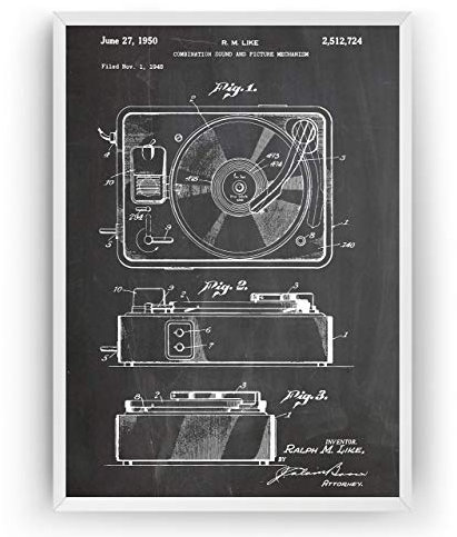 Record Player 1950 Patent Poster - Vinyl Music Room Giclee Print Art Kunst Wall Dekor Decor Entwurf Wandkunst Blueprint Geschenk Gift - Frame Not Included