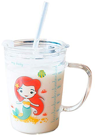 Volwco Bicchieri con coperchio e cannuccia per bambini, coperchi regolari a prova di perdite, trasparenti con scala resistente al calore, tazza per latte carina per bambini