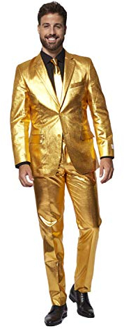 OppoSuits Fun Ugly Christmas Suits for Men - Full Suit: Jacket, Pants & Tie, Groovy Gold, 46