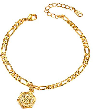 FOCALOOK Bracelet de Cheville Femme Initiale Plaqué Or Jaune - Chaîne Figrao 3 en 1 Pendentif Hexagone Lettre S Doré