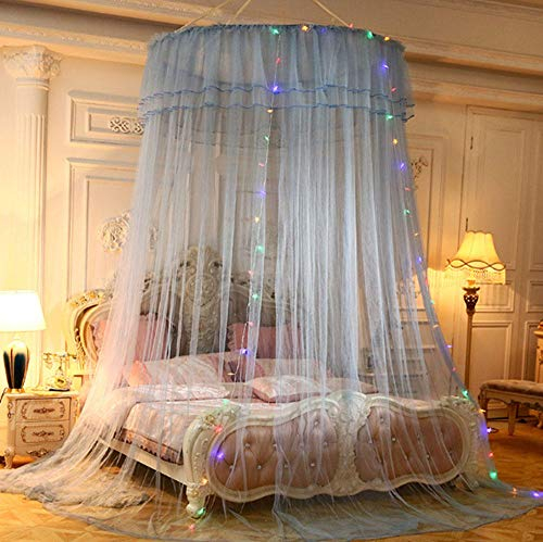QINGJIE Moskitonetz Bett Baldachin ,mit LED Schlaflampe,Prinzessin Moskitonetz aus Spitze,Baldachin Baby ,Geeignet für Einzel- und Doppelbetten(Grau)