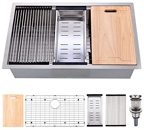 BoomHoze - Fregadero de cocina de acero inoxidable para montaje bajo empotrado, de 32 x 19 pulgadas, hecho a mano, fregadero de cocina profundo con borde integrado