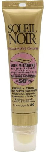 Soleil Noir - Combi 2-en-1, Crème Solaire Enfants SPF 50+ Très Haute Protection UVA et UVB (20 ml) + 1 Stick à Lèvres SPF 30 (2 g) - Peaux Très Claires, Dès 3 Ans - Fabrication Française