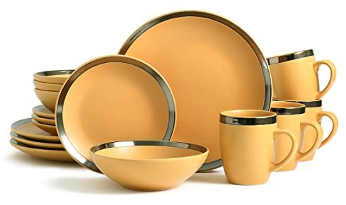 Bestone 16 Piece Dinnerware Set, Stoneware, Plates and Bowls, Dishes, Service for 4, Yellow and Golden Rim