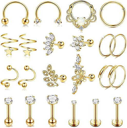 LOLIAS 21 Stück 16-20G Edelstahl Knorpel Ohrstecker Ohrstecker für Frauen Männer CZ Stern Herz Labret Tragus Ohrstecker Knorpel Helix Ohrringe Creolen Conch Piercing Schmuck