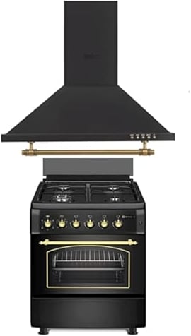 CONJUNTO PACK COCINA A GAS SOLTHERMIC HORNO ELÉCTRICO F6S40E5RB + CAMPANA 60 CM A JUEGO NEGRA RÚSTICA RIBETES DORADOS 350m3/h