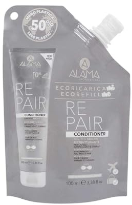 Alama Professional Eco-Refill Repair Conditioner, Restaurierung-Balsam mit Keratin für beschädigtes und strapaziertes Haar, Tonisierende und Restaurierung, 90% natürliche Inhaltsstoffe, 100 ml