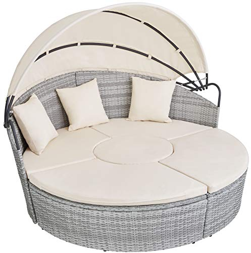 tectake Sonneninsel, Gartenliege, Muschel Sonnenliege, Aluminium Polyrattan Lounge mit klappbarem Sonnendach, wasserabweisend, Relaxliege Outdoor inkl. Kissen & Auflagen, 180 x 171 x 138 cm - hellgrau