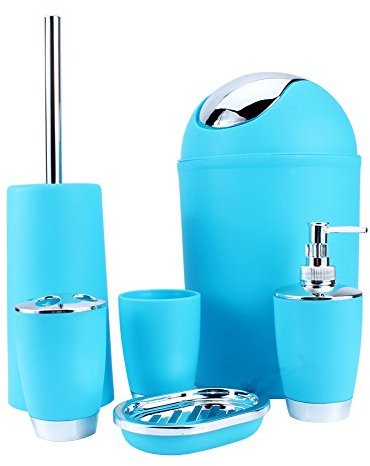 Hellblaues Badezimmer-Zubehör, 6-teiliges Badezimmer-Zubehör-Set, Mülleimer, Seifenschale, Spender, Becher, Zahnbürstenhalter
