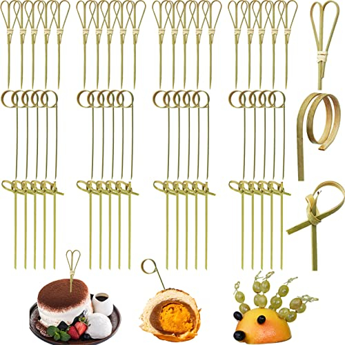 300 Piezas Palitos de Cóctel Estilo Japonés Brochetas Anudadas de Bambú Palillos de Comida Palillos de Dientes con Extremos Retorcidos Palitos de Canape para Aperitivos de Sándwich Nibbles