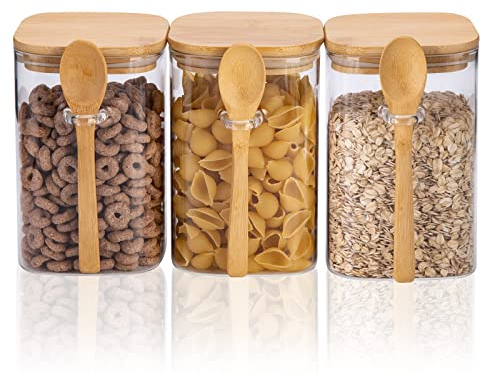 BAZIOE🍀Bocaux en Verre Carrés avec Couvercle et Cuillère 1200ML Φ 10cm Bocaux en Verre Hermétiques sans BPA pour le Stockage de Cuisine (1.2L, Lot de 3)