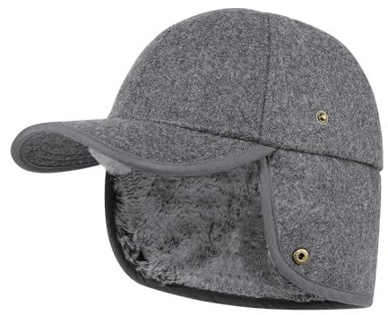 PivotWing Winter-Baseballmütze mit Ohrenklappen Warmer Kunstfell gefüttert, kuscheliger Wollstoff., dunkelgrau (Dark Heather Grey), 7 1/8-7 3/8
