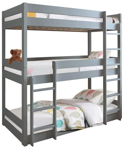 Blisswood Bunk Bed, 3ft Triple Bunk Bed With Ladder High Sleeper Kids Bed, Solid Pine Wood Kids Children Bed frame for Bedroom, Grey (L197 x W96 x H198 cm)