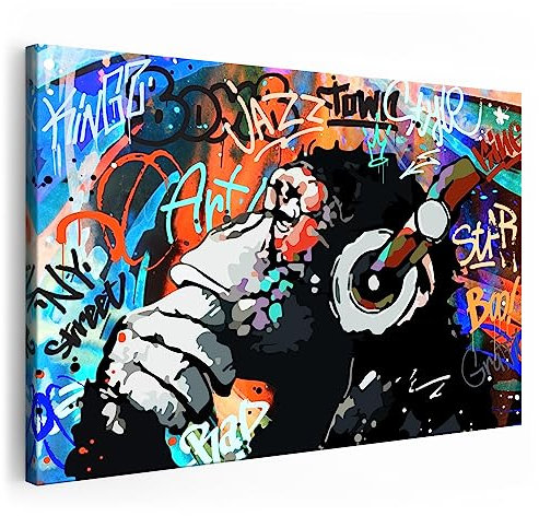 Artmazing | Affe Bild bunt | Graffiti Bild Affe | Bild Affe mit Kopfhörer | S-Art Bilder | Affenbilder Modern | Coole Wandbilder Wohnzimmer | Wandbild Affe Deko XXL | Bild Leinwand XXL | Affen Bilder
