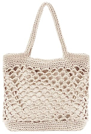 Ynport Crefreak Damen Umhängetasche Große Baumwoll Häkelnetz Schultertasche Gestrickte Tragetasche Reise Strand Netztasche Einkaufstasche mit Tragegriff Oben,Weiß