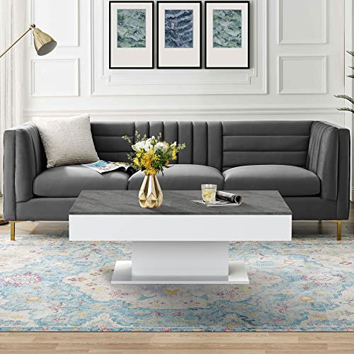 ML-Design Couchtisch mit 2 Staufächern unter Schiebeplatte, Beton-Optik/Weiß, 110 x 60 x 40 cm, Wohnzimmertisch mit 2 Stauräume, Beistelltisch mit Truhefunktion, Sofatisch mit aufziehbare Tischplatte