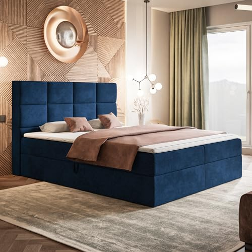 MOTIVENA Alfa Boxspringbett 180x200 mit Bettkasten und Topper, Polsterbett 180x200 mit Bettkasten, Bonellfederkern-Matratze (H4), T28 Komfortschaumstoff Topper (H3), Samt, Blau (Dunkelblau)