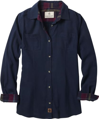 Legendary Whitetails Womens Cottage Escape Flannel Long Sleeve Plaid and Solid Color Clothes, Fitted Button Down, Navy, M