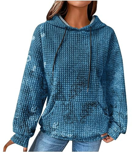 EMATOP Sweatshirt Damen Langarm Warme Pullover mit Kapuze Pulli Oberteile Baumwolle Vintage Hoodie Causal Sport Kapuzenpullover Mode Waffel Kapuzenpulli Langarmshirt Tops Black Friday Angebote 2023