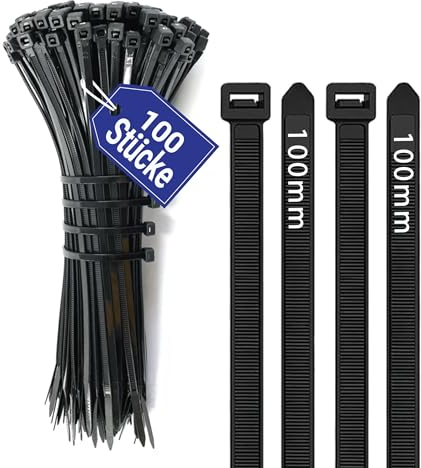 AZISHA Rilsan Noir 100 Pièces - 100mm x 2,5mm Serre Cable Plastique - Nylon Serre Flex Autobloquant, Résistant Aux UV Et À La Chaleur