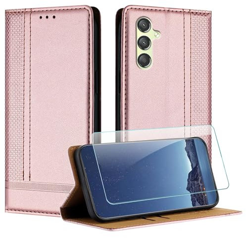 JayModCase Coque pour Samsung Galaxy A24 4G + Protecteur d'écran, Etui à Rabat Pochette de Portefeuille pour Samsung A24 4G avec [Fermeture Magnétique][Stand Fonction][Porte Cartes] - Or Rose