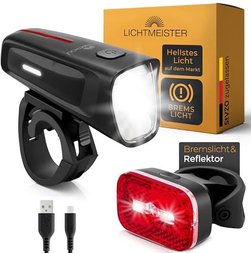 LICHTMEISTER® Fahrradlicht 100 Lux - 2000 mAh Akku - mit Reflektor und Bremslicht - StVZO zugelassen, USB-C aufladbar & wasserfest - Fahrradlicht Set - LED Fahrradbeleuchtung - Fahrrad Licht vorne