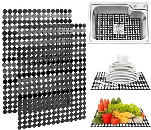 POFIBO Alfombrilla Fregadero, Juego de 2 Protector Fregadero Cocina 30x40cm Alfombrilla de Drenaje de PVC Cortada a Medida Alfombrilla para Fregadero de Cocina/Baño, Negro