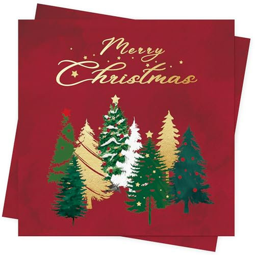 AFYHH 40Stück Rot Servietten Weihnachten Weihnachtsbäume Servietten Tischdeko Weihnachts Weihnachten Deko Weihnachtsservietten Weihnachts Papierservietten Einweg Merry Christmas Napkins 33x33cm